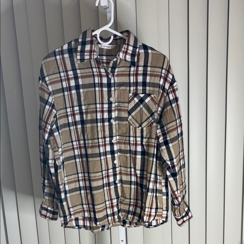 PatPat Plaid Button Down Shirt - Brown, Black, White - Picture 1 of 4